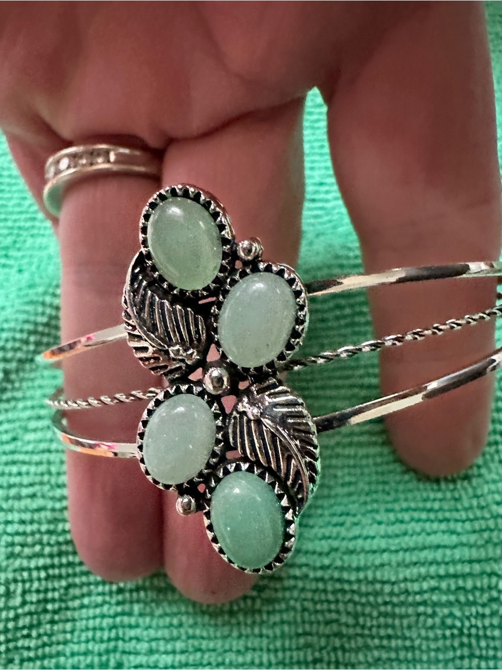 Source Unknown Silver-Tone Cuff Bracelet with Pale Green Cabochons